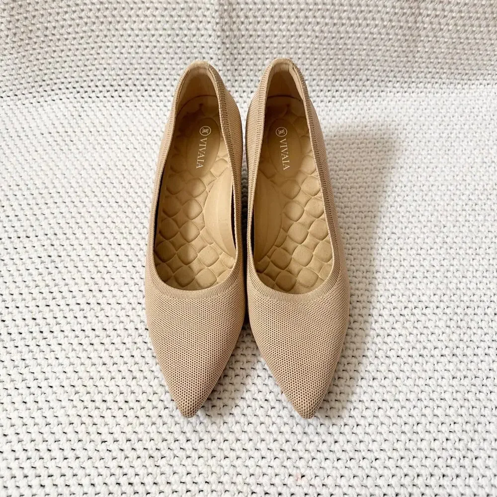 Vivaia Aria Khaki Beige Pointed Wooden Stacked Wedge 2.0 Heel Shoes 43 US 11